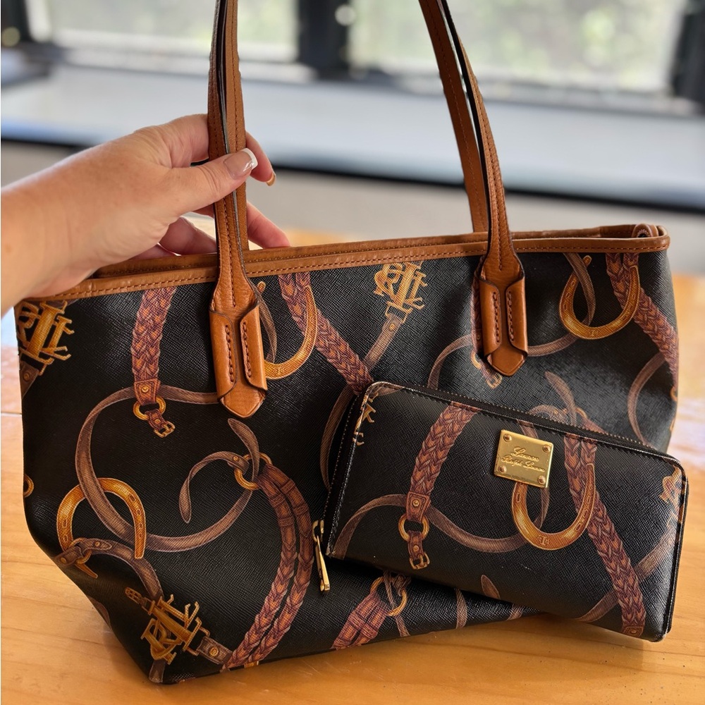 Ralph Lauren Brown and Black Belt Equestrian Tote Bag & Matching Wallet Set